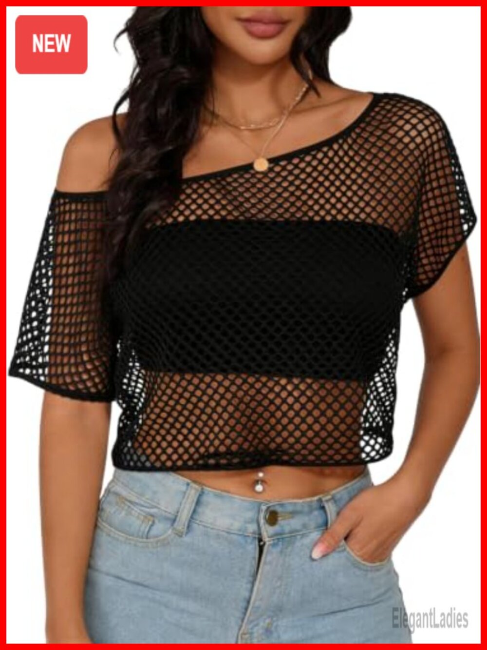Women's Mesh Fishnet Off The Shoulder Crop Top Sheer Party Clubwear